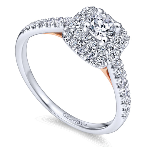 14K White-Rose Gold Cushion Double Halo Round Diamond Complete Engagement Ring