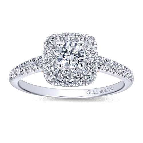 14K White-Rose Gold Cushion Double Halo Round Diamond Complete Engagement Ring