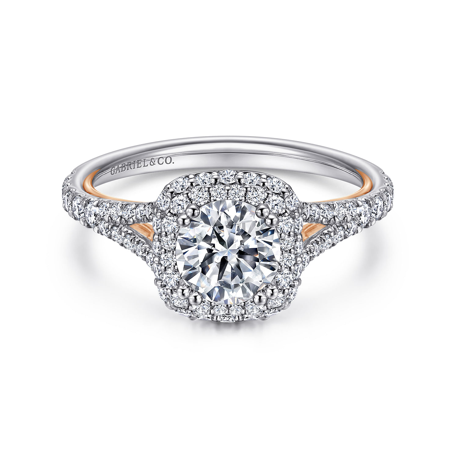 14K White-Rose Gold Cushion Double Halo Round Diamond Engagement Ring