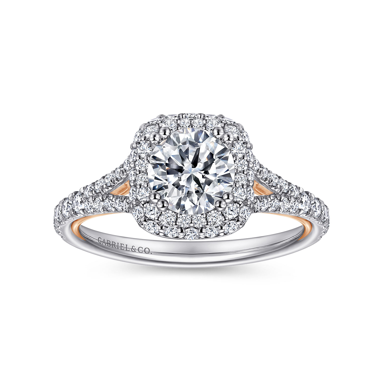 14K White-Rose Gold Cushion Double Halo Round Diamond Engagement Ring