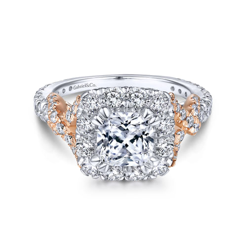 14K White-Rose Gold Cushion Halo Diamond Engagement Ring
