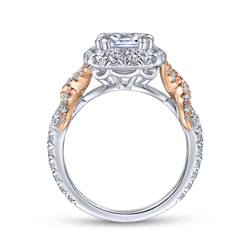 14K White-Rose Gold Cushion Halo Diamond Engagement Ring