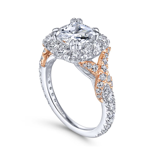 14K White-Rose Gold Cushion Halo Diamond Engagement Ring