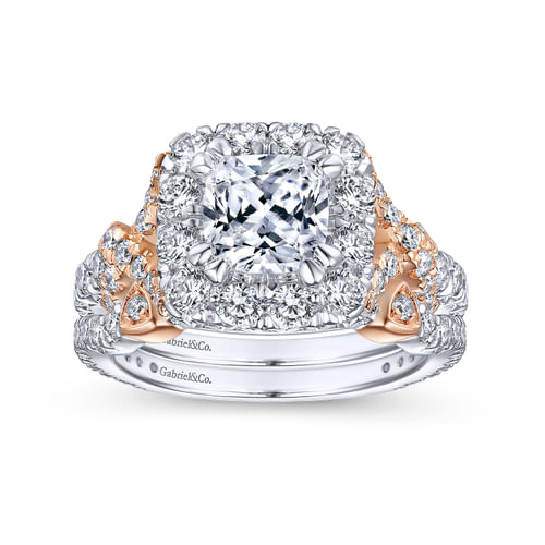 14K White-Rose Gold Cushion Halo Diamond Engagement Ring