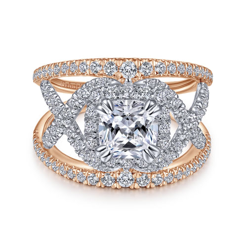 14K White-Rose Gold Cushion Halo Diamond Engagement Ring