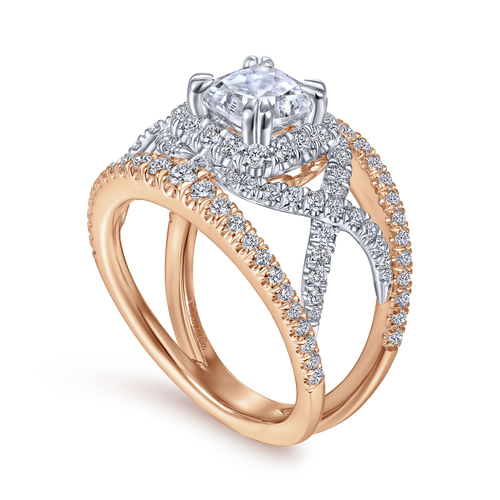 14K White-Rose Gold Cushion Halo Diamond Engagement Ring