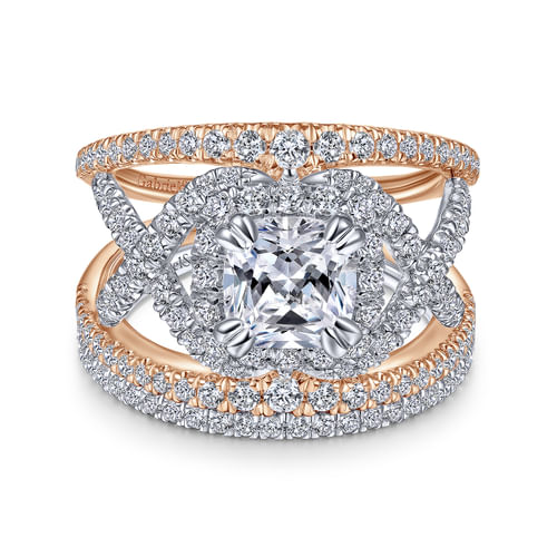 14K White-Rose Gold Cushion Halo Diamond Engagement Ring