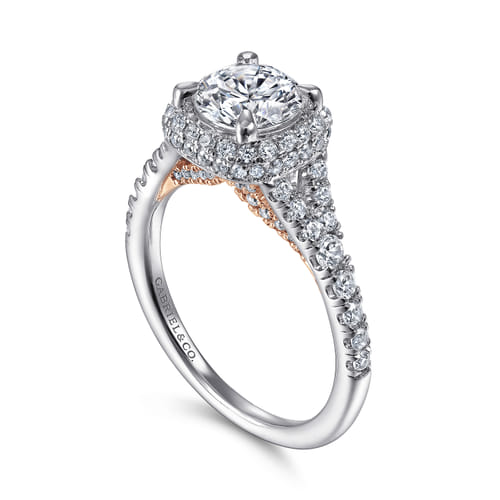 14K White-Rose Gold Cushion Halo Round Diamond Engagement Ring