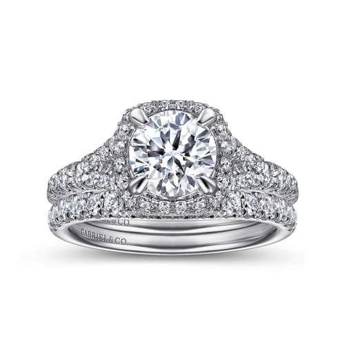 14K White-Rose Gold Cushion Halo Round Diamond Engagement Ring