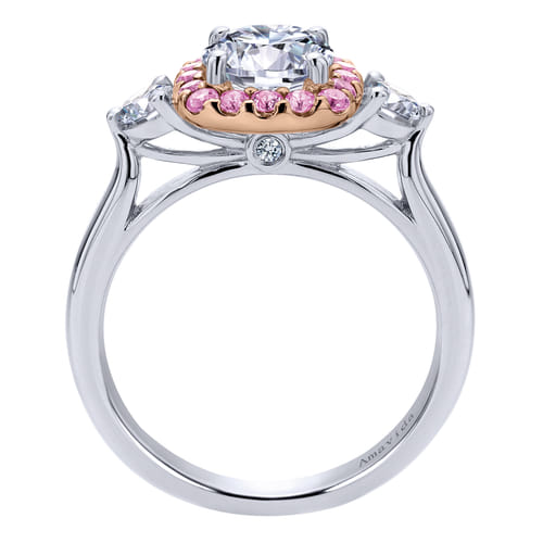 14K White-Rose Gold Cushion Halo Round Pink Sapphire and Diamond Engagement Ring