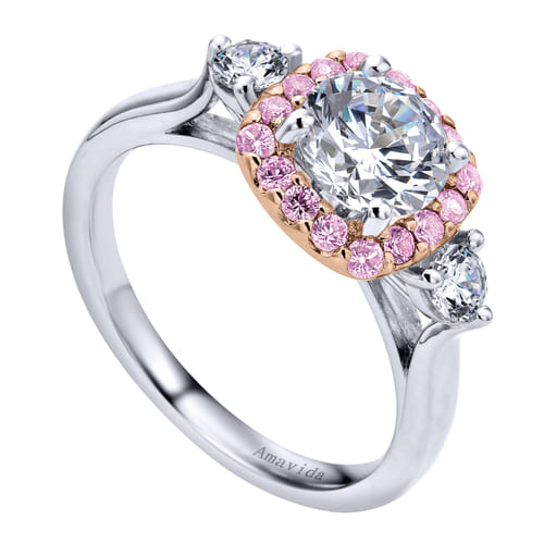 14K White-Rose Gold Cushion Halo Round Pink Sapphire and Diamond Engagement Ring