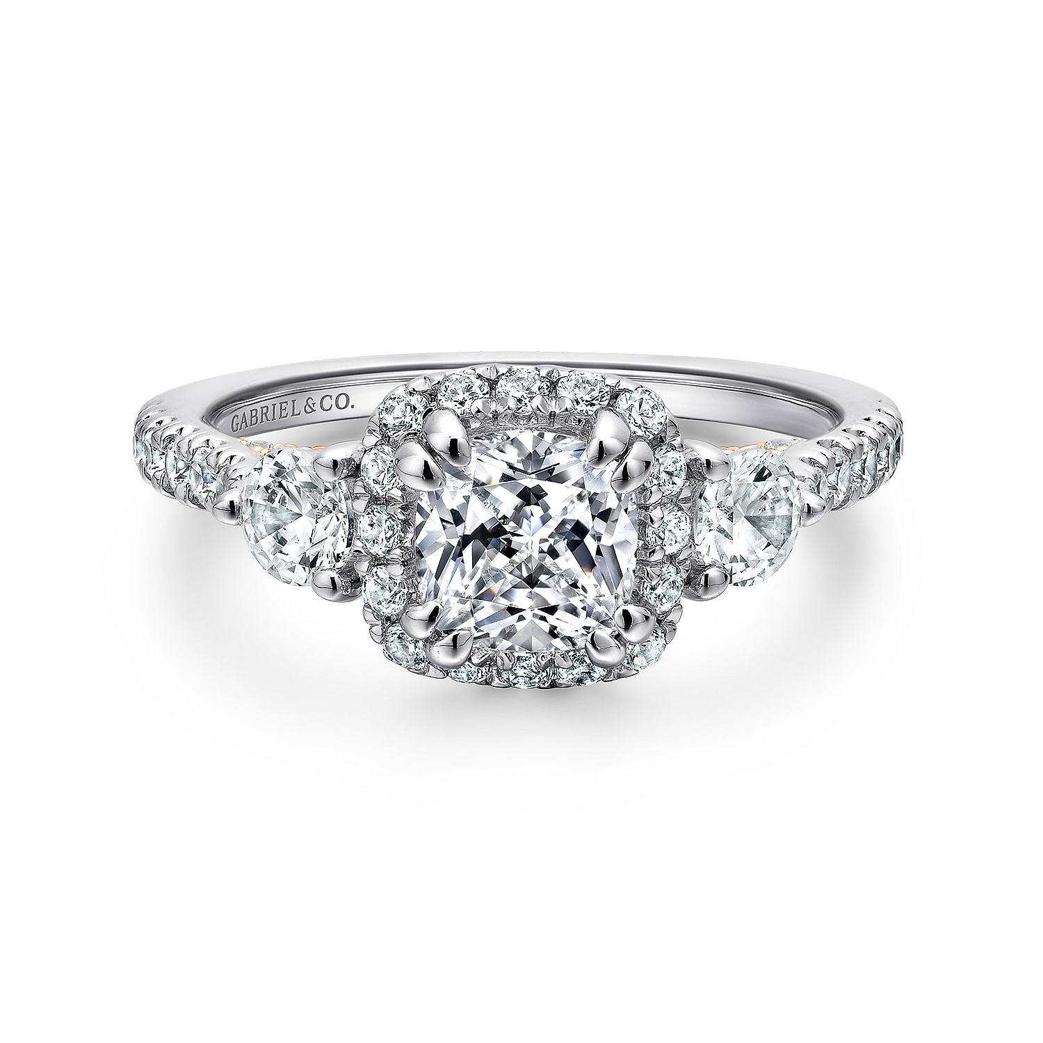 14K White-Rose Gold Cushion Halo Three Stone Diamond Engagement Ring