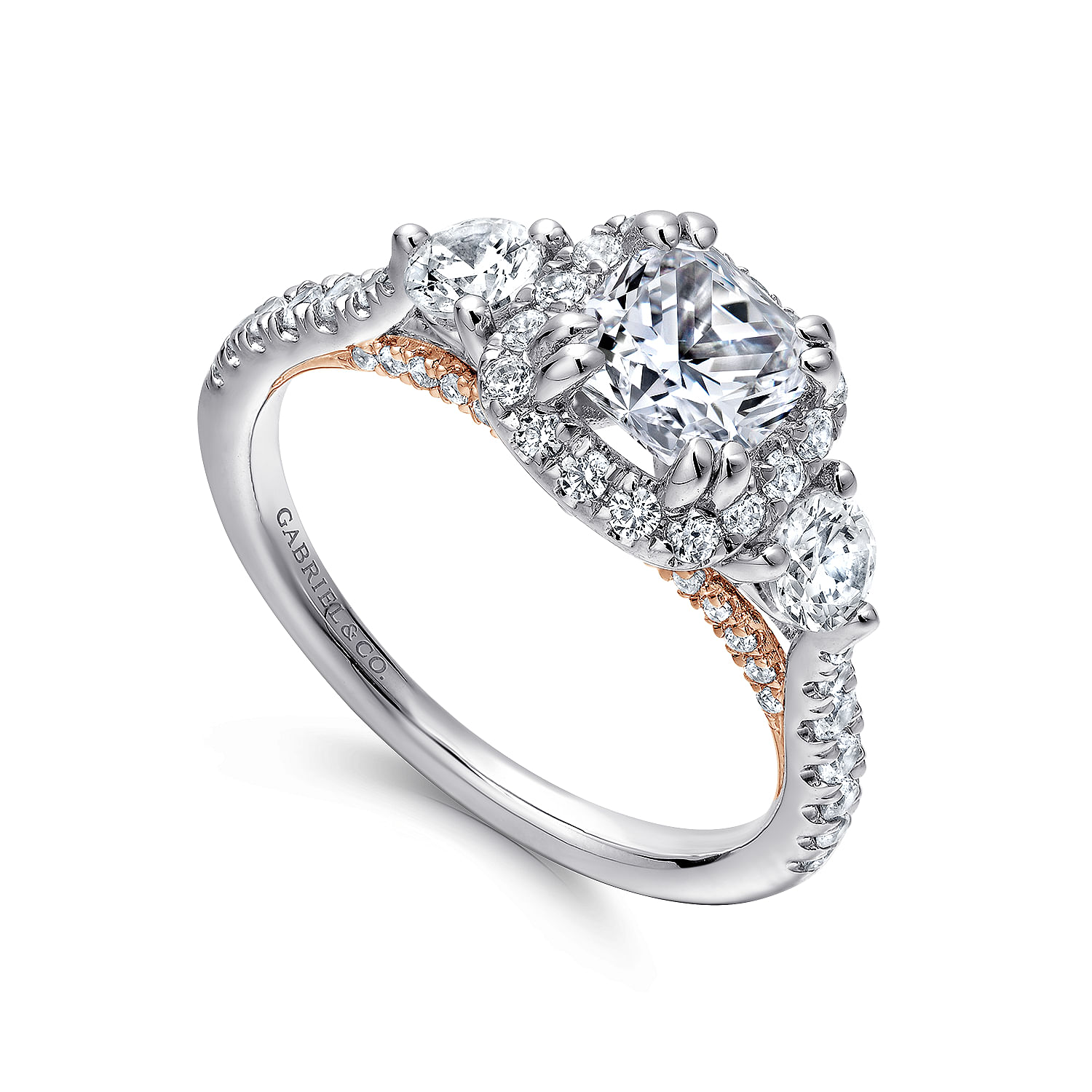 14K White-Rose Gold Cushion Halo Three Stone Diamond Engagement Ring