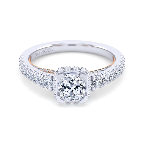 14K White-Rose Gold Cushion Hidden Halo Diamond Engagement Ring