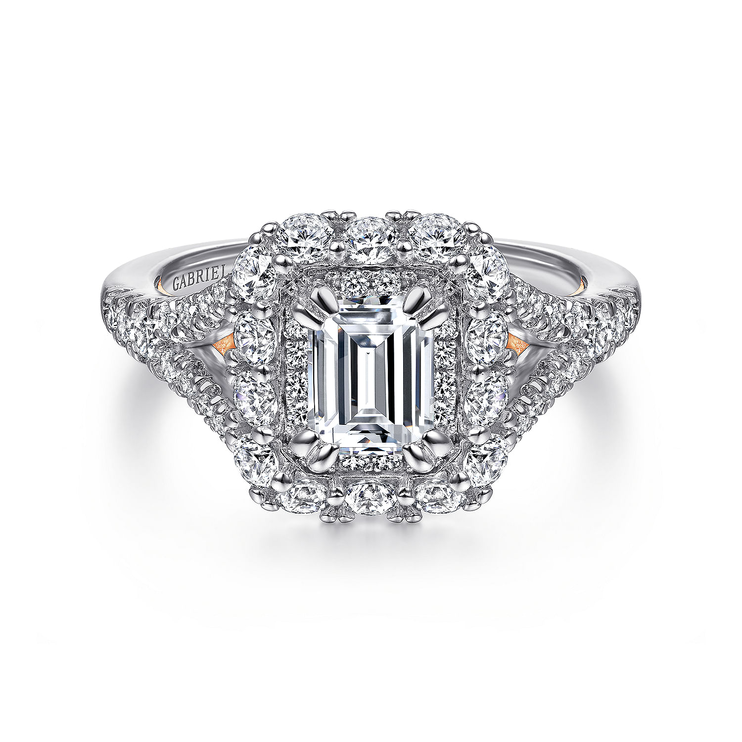 14K White-Rose Gold Double Halo Emerald Cut Diamond Engagement Ring