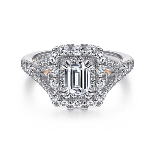 14K White-Rose Gold Double Halo Emerald Cut Diamond Engagement Ring