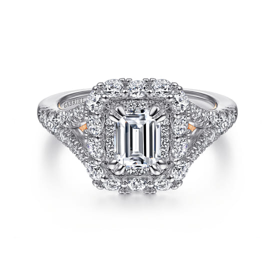 Gabriel - 14K White-Rose Gold Double Halo Emerald Cut Diamond Engagement Ring