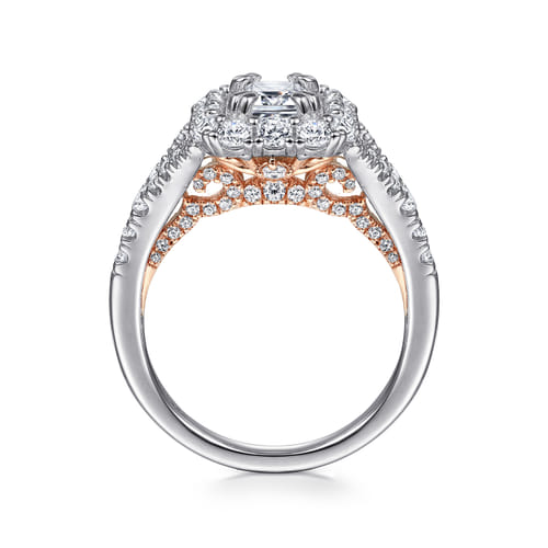 14K White-Rose Gold Double Halo Emerald Cut Diamond Engagement Ring