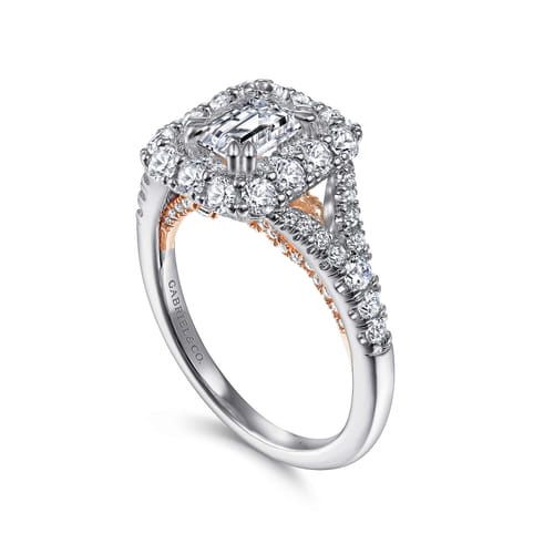 14K White-Rose Gold Double Halo Emerald Cut Diamond Engagement Ring