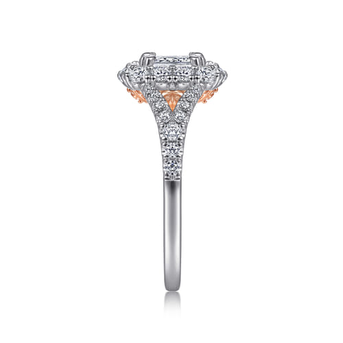14K White-Rose Gold Double Halo Emerald Cut Diamond Engagement Ring