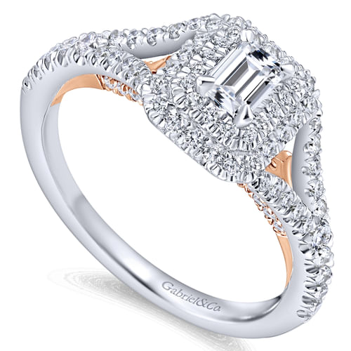 14K White-Rose Gold Emerald Cut Complete Diamond Engagement Ring