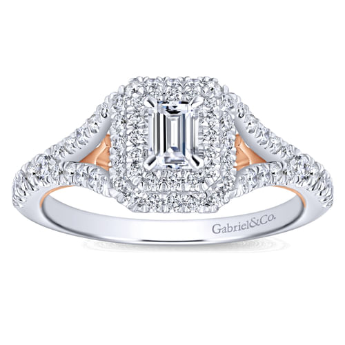 14K White-Rose Gold Emerald Cut Complete Diamond Engagement Ring
