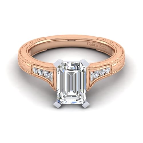 14K White-Rose Gold Emerald Cut Diamond Channel Set Engagement Ring