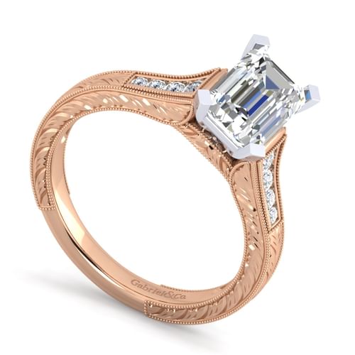 14K White-Rose Gold Emerald Cut Diamond Channel Set Engagement Ring