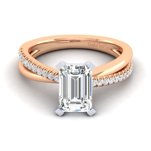 14K White-Rose Gold Emerald Cut Diamond Criss Cross Engagement Ring