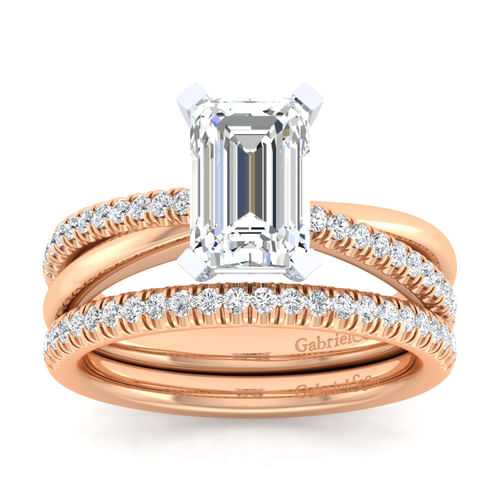 14K White-Rose Gold Emerald Cut Diamond Criss Cross Engagement Ring