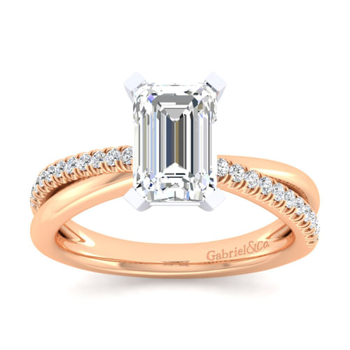 14K White-Rose Gold Emerald Cut Diamond Criss Cross Engagement Ring