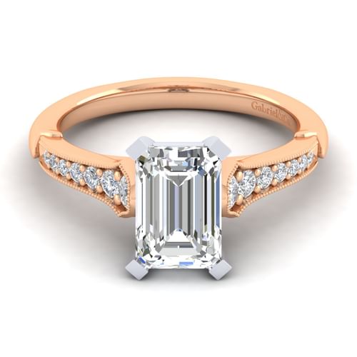 14K White-Rose Gold Emerald Cut Diamond Engagement Ring