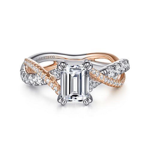 14K White-Rose Gold Emerald Cut Diamond Twisted Engagement Ring