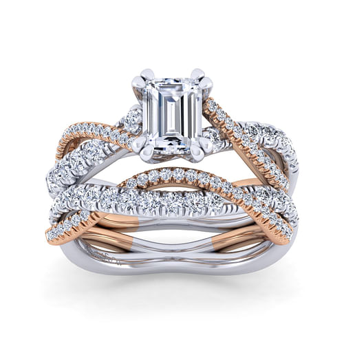 14K White-Rose Gold Emerald Cut Diamond Twisted Engagement Ring