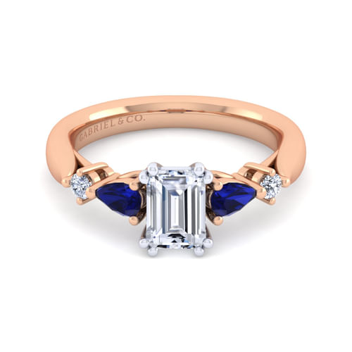 14K White-Rose Gold Emerald Cut Five Stone Sapphire and Diamond Engagement Ring