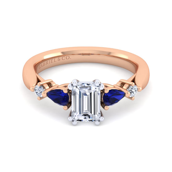 Gabriel - 14K White-Rose Gold Emerald Cut Five Stone Sapphire and Diamond Engagement Ring