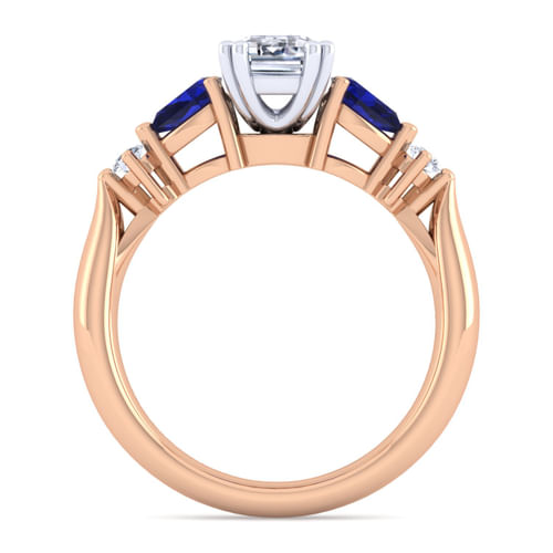 14K White-Rose Gold Emerald Cut Five Stone Sapphire and Diamond Engagement Ring