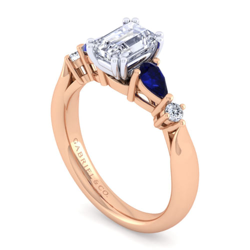 14K White-Rose Gold Emerald Cut Five Stone Sapphire and Diamond Engagement Ring