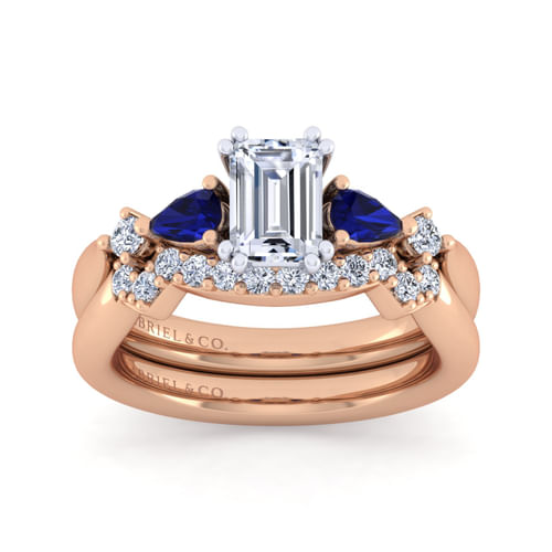 14K White-Rose Gold Emerald Cut Five Stone Sapphire and Diamond Engagement Ring