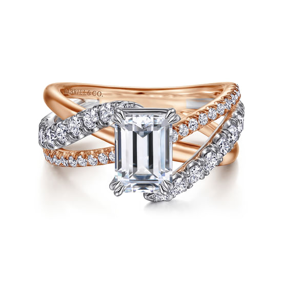 Gabriel - 14K White-Rose Gold Emerald Cut Free Form Diamond Engagement Ring