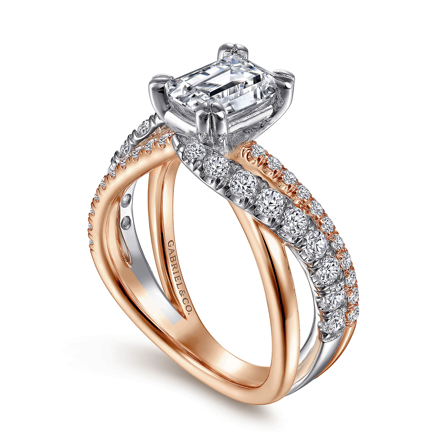 14K White-Rose Gold Emerald Cut Free Form Diamond Engagement Ring