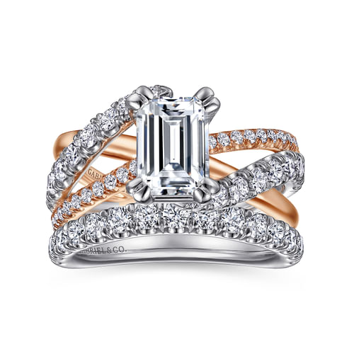 14K White-Rose Gold Emerald Cut Free Form Diamond Engagement Ring