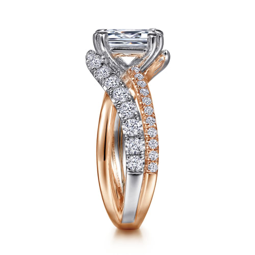 14K White-Rose Gold Emerald Cut Free Form Diamond Engagement Ring