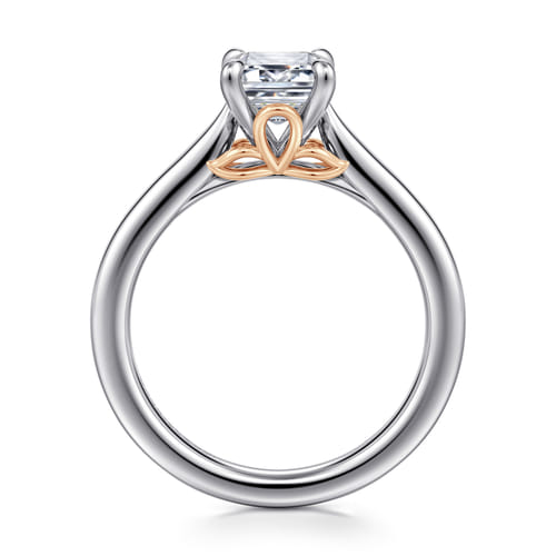 14K White-Rose Gold Emerald Cut Lotus Diamond Engagement Ring