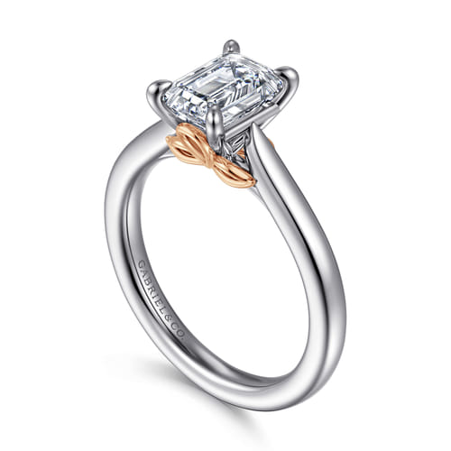 14K White-Rose Gold Emerald Cut Lotus Diamond Engagement Ring