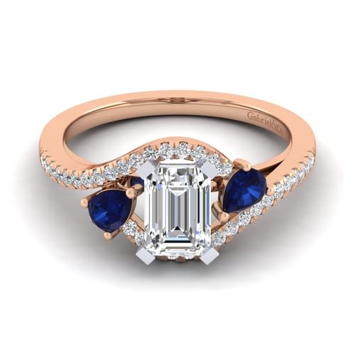 14K White-Rose Gold Emerald Cut Three Stone Sapphire and Diamond Engagement Ring