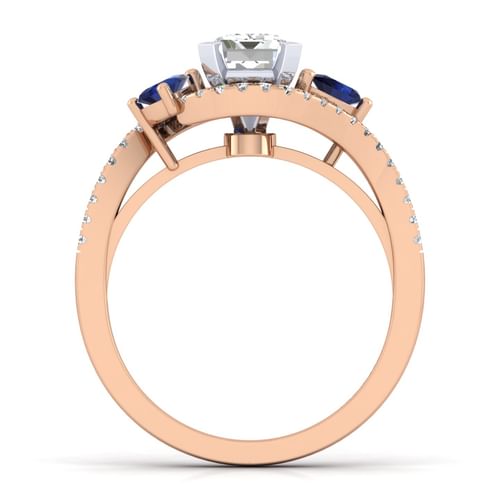 14K White-Rose Gold Emerald Cut Three Stone Sapphire and Diamond Engagement Ring
