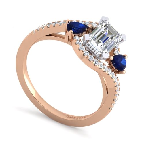 14K White-Rose Gold Emerald Cut Three Stone Sapphire and Diamond Engagement Ring