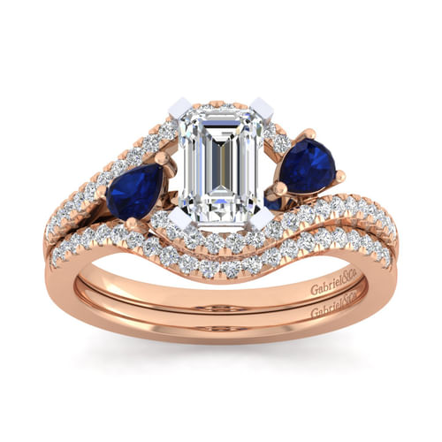 14K White-Rose Gold Emerald Cut Three Stone Sapphire and Diamond Engagement Ring