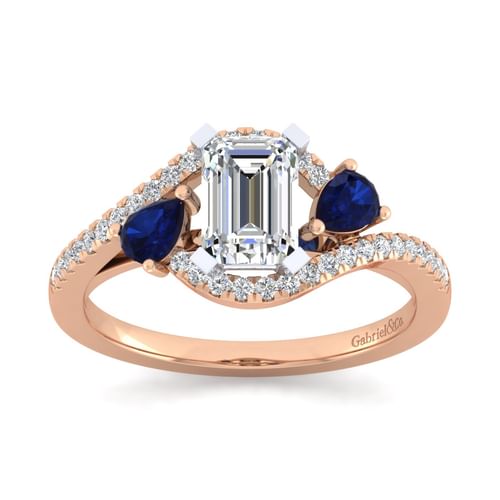 14K White-Rose Gold Emerald Cut Three Stone Sapphire and Diamond Engagement Ring